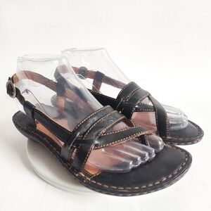 Born Sandals 7 Strappy Leather Black Slingback Comfort Flat Travel Cruise Preppy